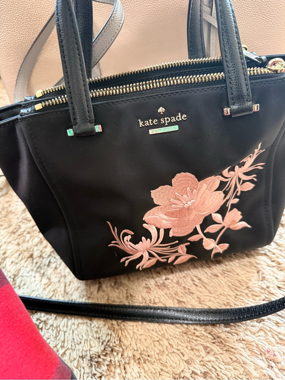 kate spade Black Tote with Pink Floral Embroidery